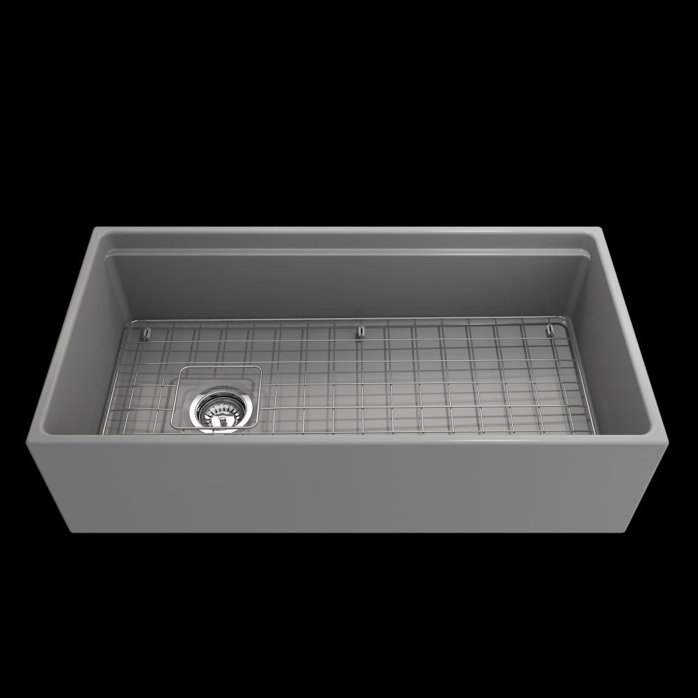 Apron Front Step Rim with Integrated Work Station Fireclay 36 in. Single Bowl Kitchen Sink with Accessories in Matte Gray