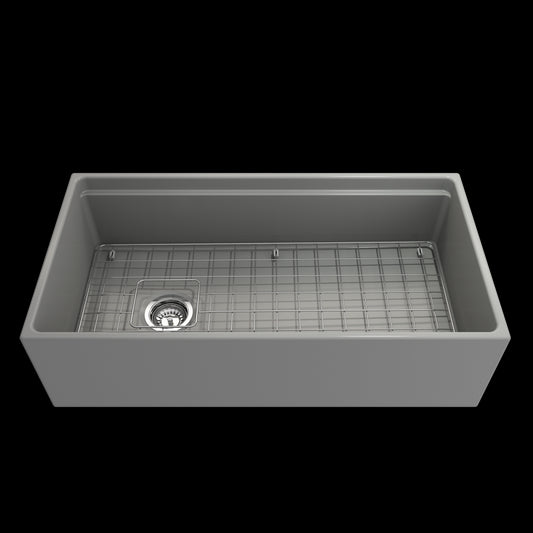 Apron Front Step Rim with Integrated Work Station Fireclay 36 in. Single Bowl Kitchen Sink with Accessories in Matte Gray