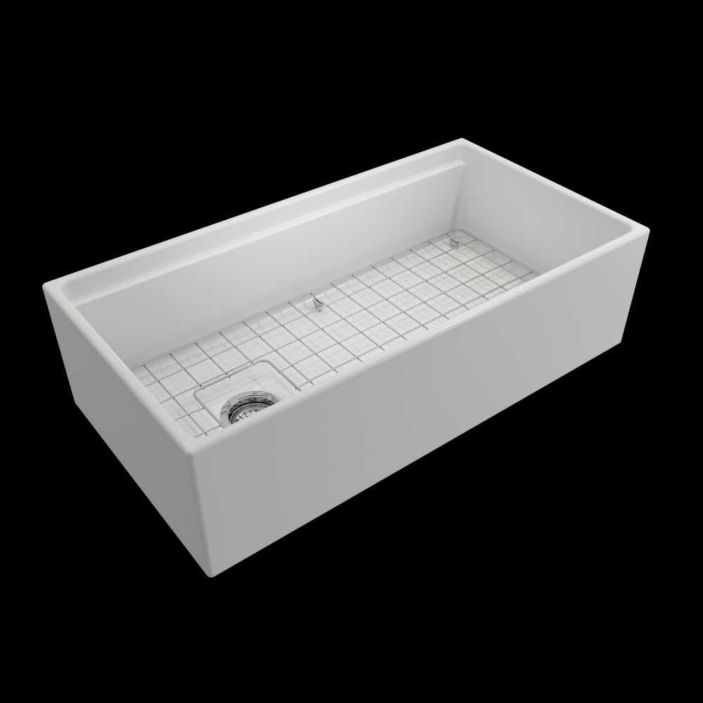 Apron Front Step Rim with Integrated Work Station Fireclay 36 in. Single Bowl Kitchen Sink with Accessories in Matte White