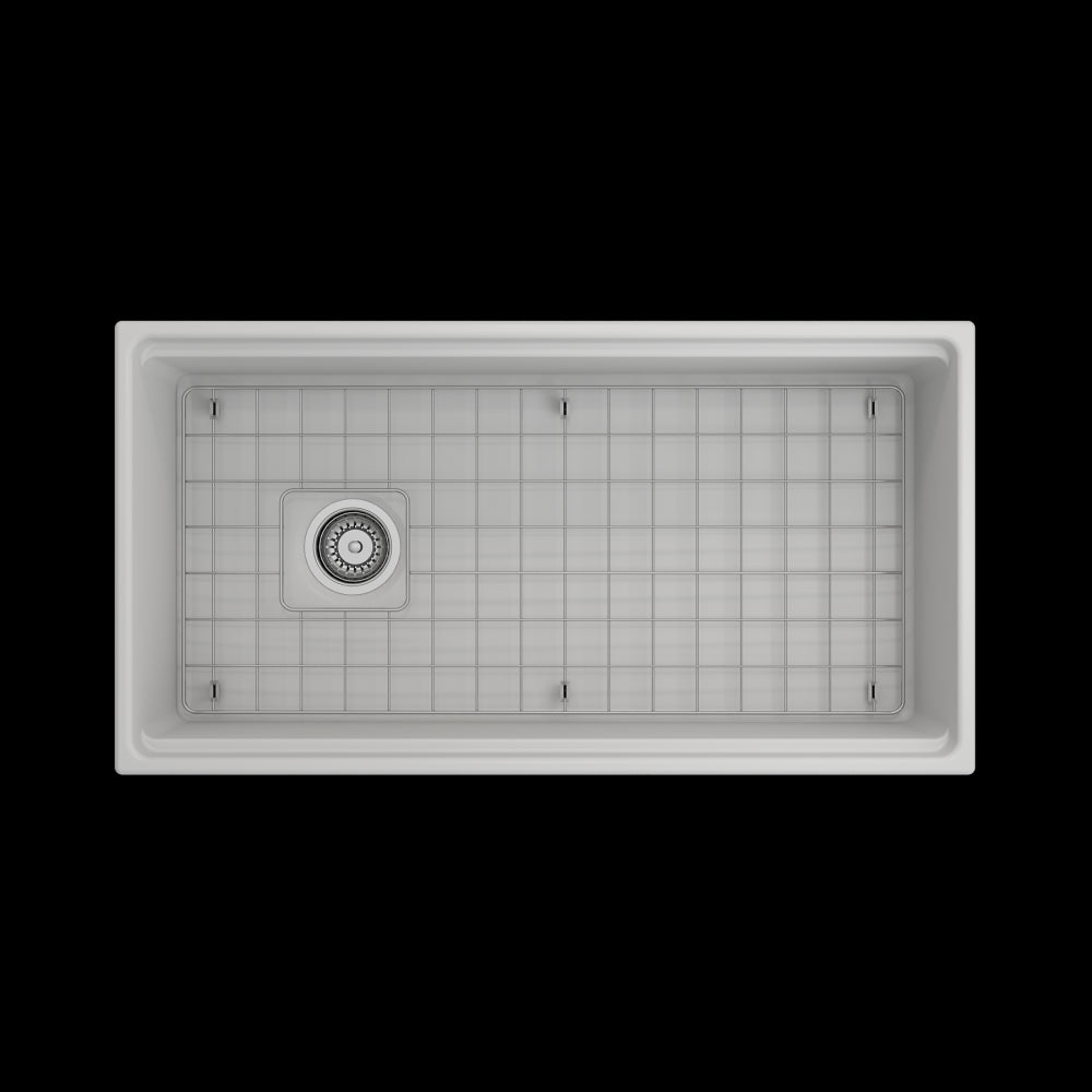 Apron Front Step Rim with Integrated Work Station Fireclay 36 in. Single Bowl Kitchen Sink with Accessories in Matte White
