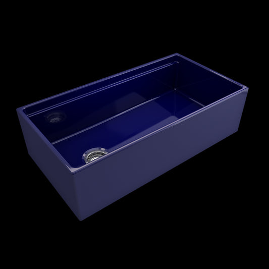 Apron Front Step Rim with Integrated Work Station Fireclay 36 in. Single Bowl Kitchen Sink with Accessories in Sapphire Blue