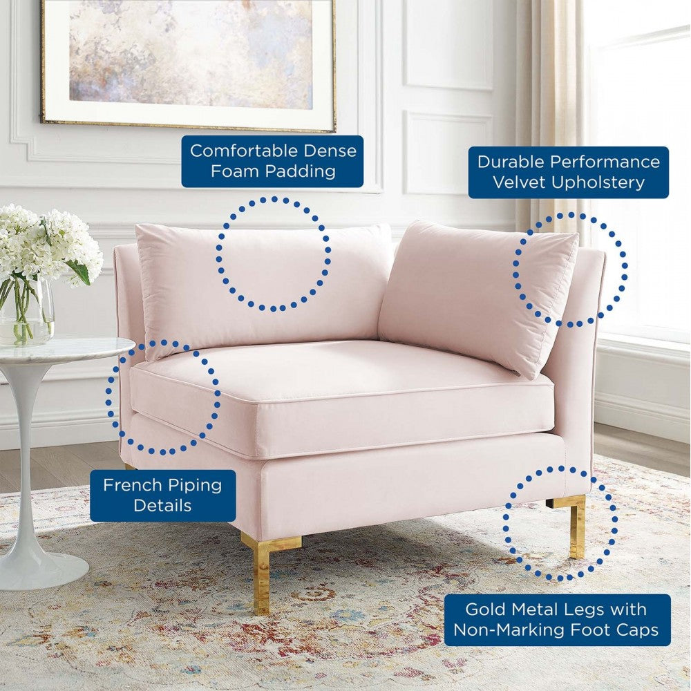 Ardent Performance Velvet Sectional Sofa Corner Chair, Pink