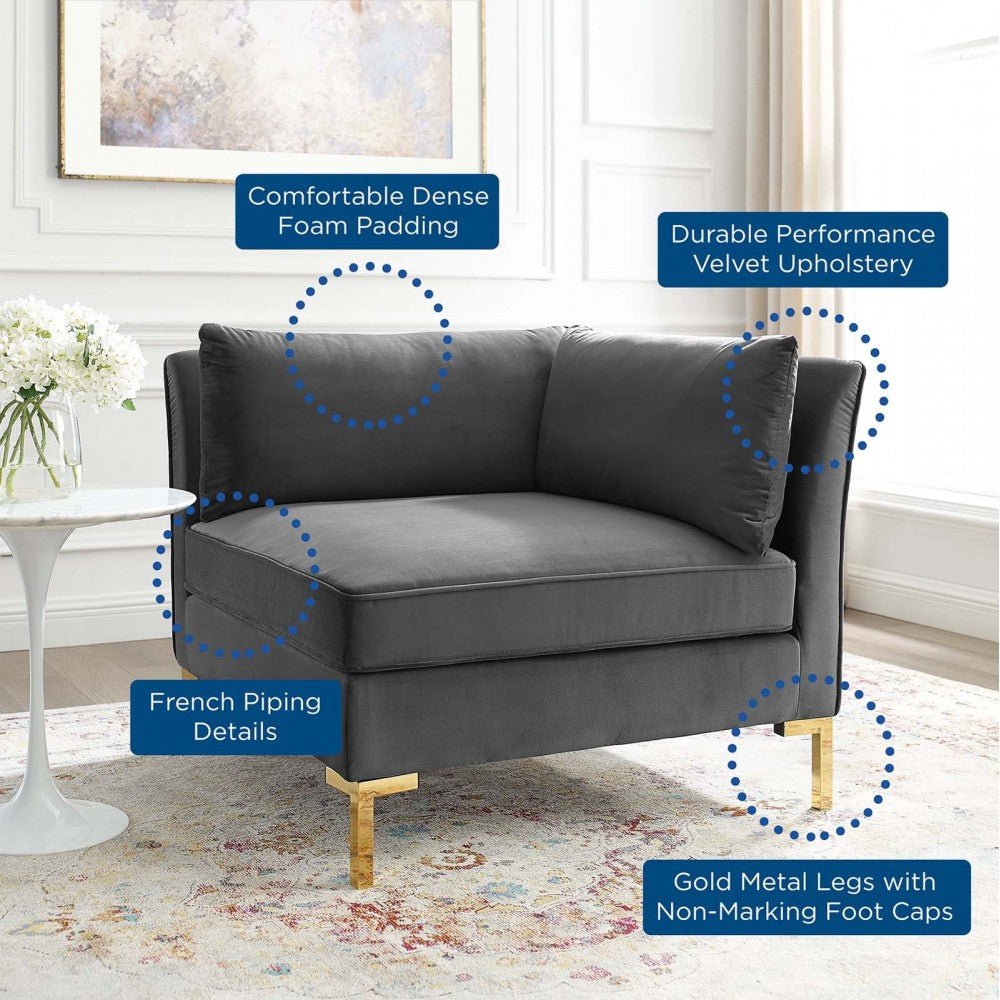 Ardent Performance Velvet Sectional Sofa Corner Chair, Gray