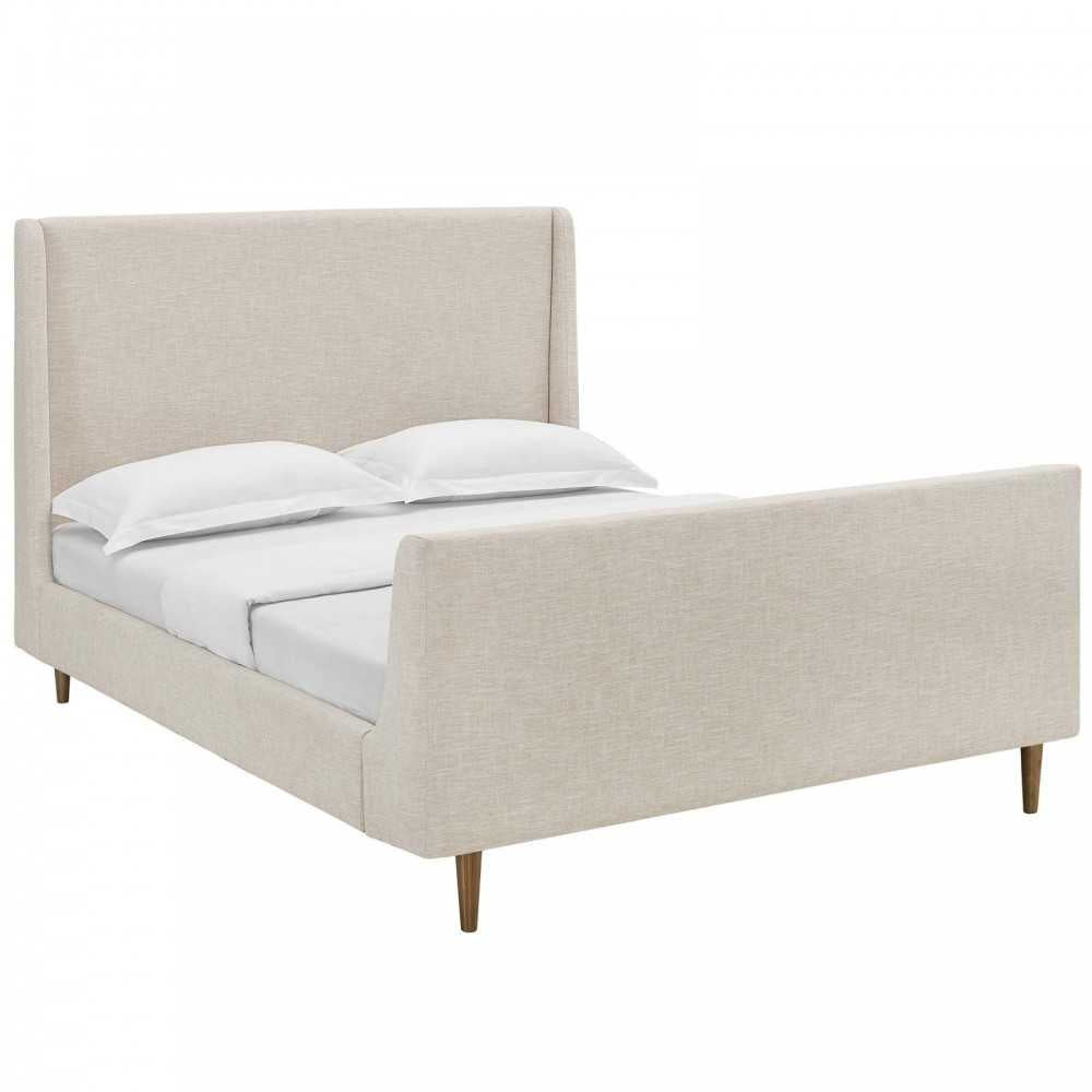 Aubree Queen Upholstered Fabric Sleigh Platform Bed, Beige