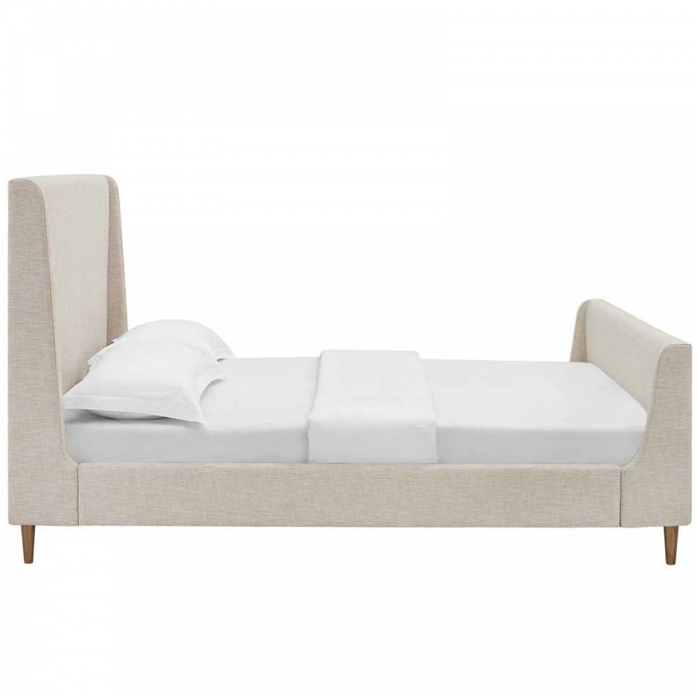 Aubree Queen Upholstered Fabric Sleigh Platform Bed, Beige