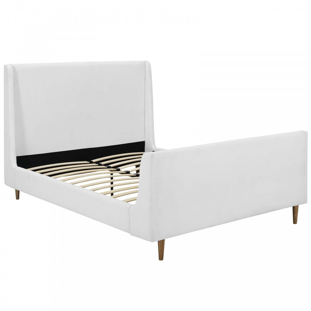 Aubree Queen Upholstered Fabric Sleigh Platform Bed, White