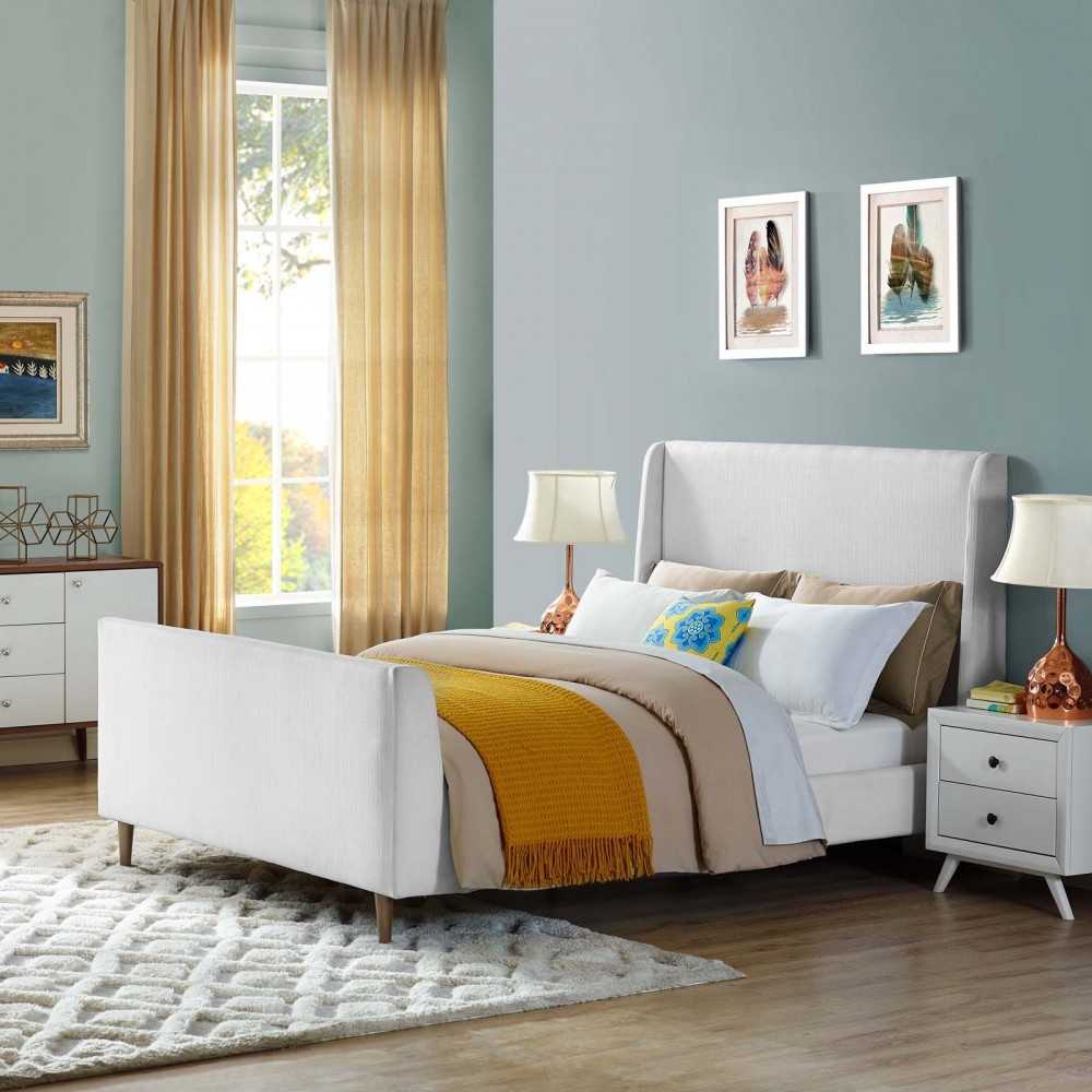 Aubree Queen Upholstered Fabric Sleigh Platform Bed, White