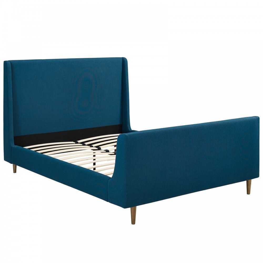 Aubree Queen Upholstered Fabric Sleigh Platform Bed, Azure