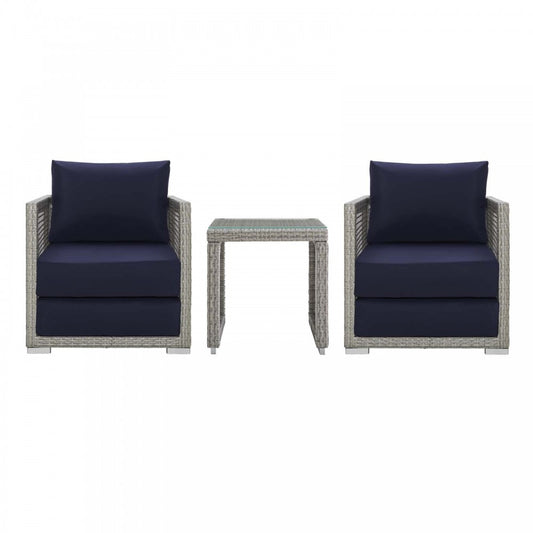 Aura 3 Piece Outdoor Patio Wicker Rattan Set, Gray Navy, EEI-3595-GRY-NAV-SET