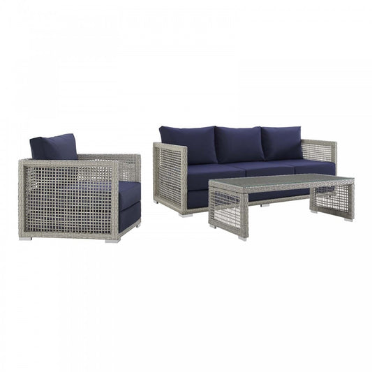 Aura 3 Piece Outdoor Patio Wicker Rattan Set, Gray Navy, EEI-3599-GRY-NAV-SET