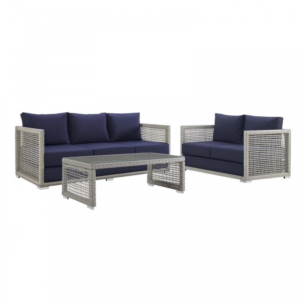 Aura 3 Piece Outdoor Patio Wicker Rattan Set, Gray Navy, EEI-3598-GRY-NAV-SET