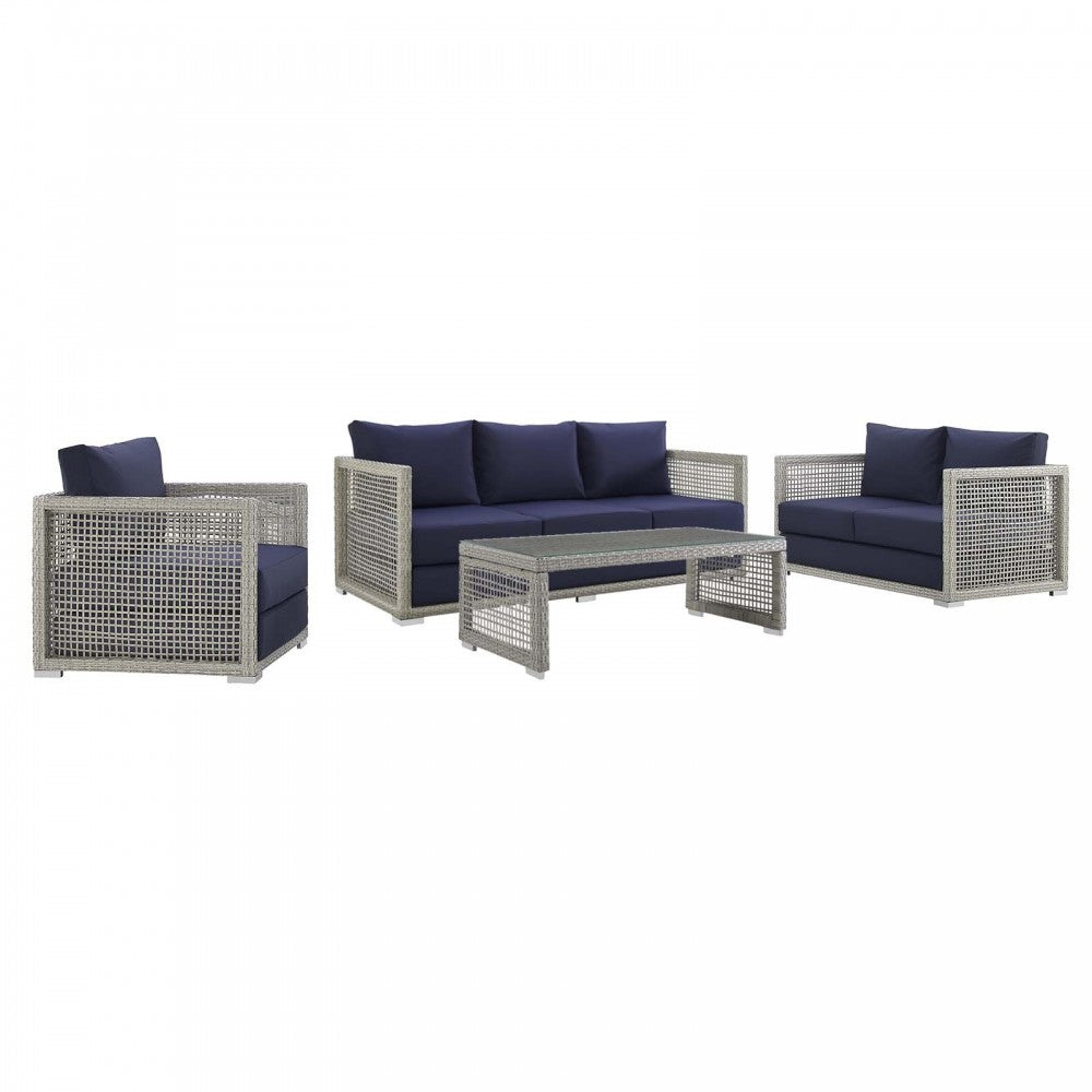 Aura 4 Piece Outdoor Patio Wicker Rattan Set, Gray Navy