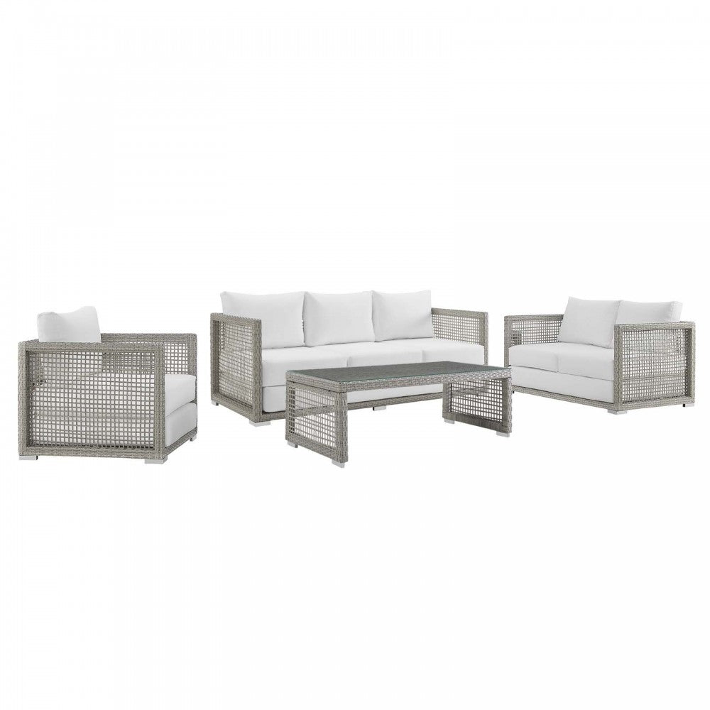 Aura 4 Piece Outdoor Patio Wicker Rattan Set, Gray White