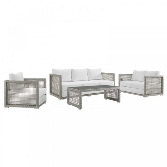 Aura 4 Piece Outdoor Patio Wicker Rattan Set, Gray White