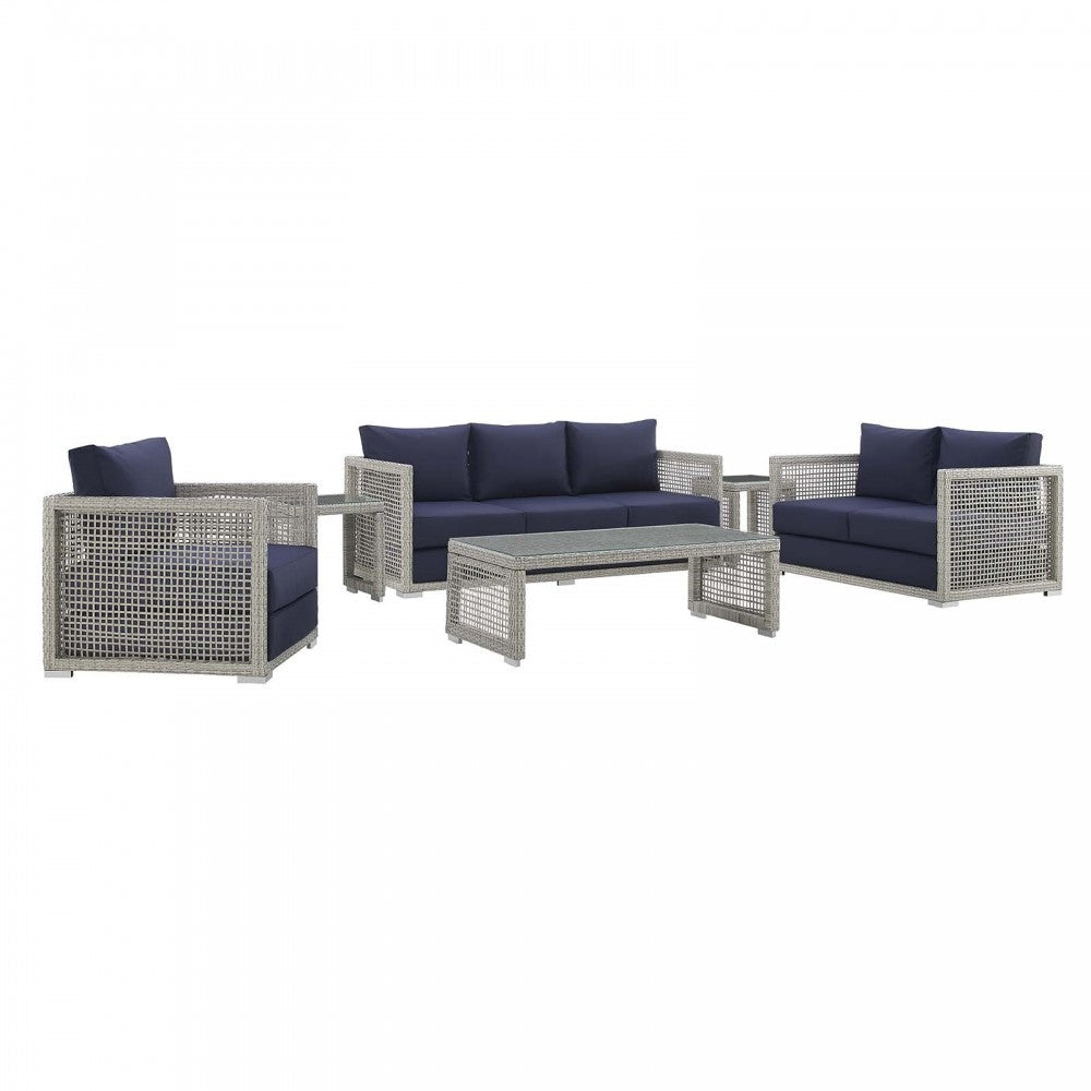 Aura 6 Piece Outdoor Patio Wicker Rattan Set, Gray Navy