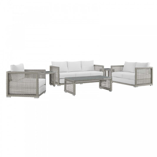 Aura 6 Piece Outdoor Patio Wicker Rattan Set, Gray White