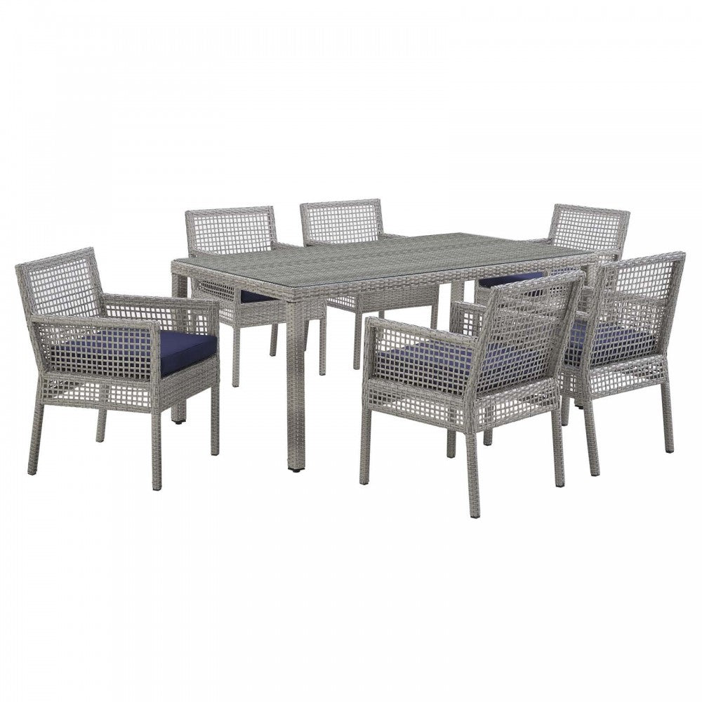 Aura 7 Piece Outdoor Patio Wicker Rattan Set, Gray Navy