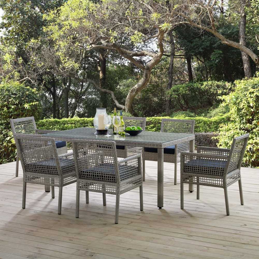 Aura 7 Piece Outdoor Patio Wicker Rattan Set, Gray Navy