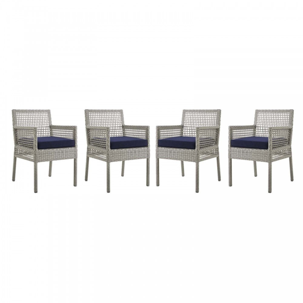 Aura Dining Armchair Outdoor Patio Wicker Rattan Set of 4, Gray Navy
