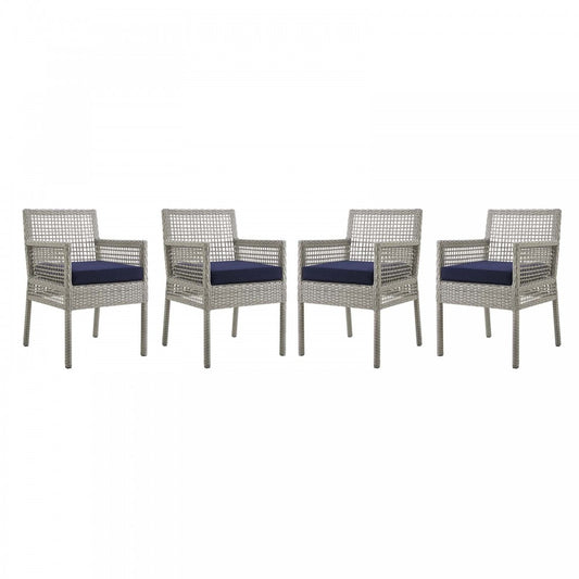 Aura Dining Armchair Outdoor Patio Wicker Rattan Set of 4, Gray Navy