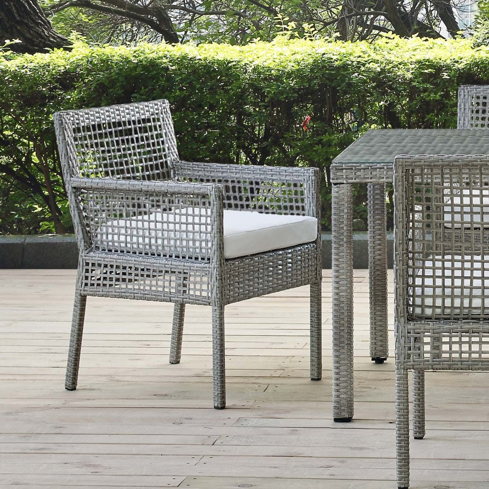Aura Outdoor Patio Wicker Rattan Dining Armchair, Gold, EEI-2920-GRY-WHI