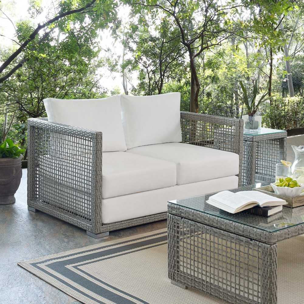 Aura Outdoor Patio Wicker Rattan Loveseat, Gold, EEI-2924-GRY-WHI