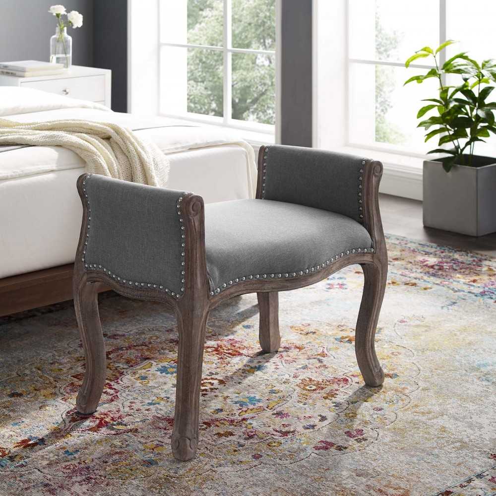 Avail Vintage French Upholstered Fabric Bench, Light Gray