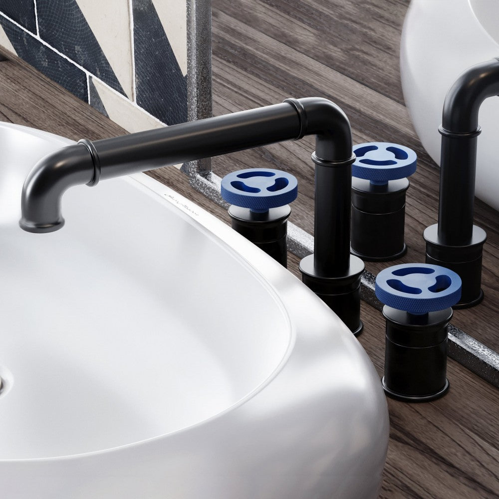 Avallon 8 in. Widespread, Blue 2-Handle Wheel, Bathroom Faucet in Matte Black