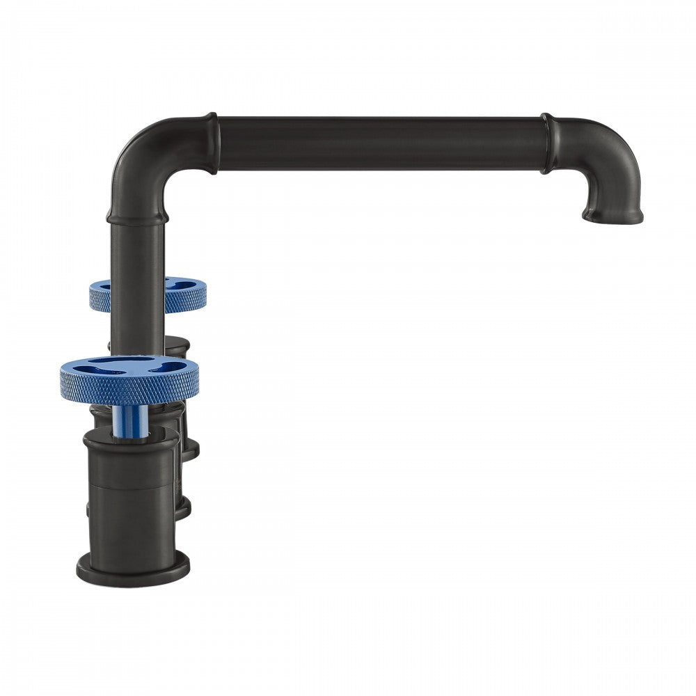 Avallon 8 in. Widespread, Blue 2-Handle Wheel, Bathroom Faucet in Matte Black