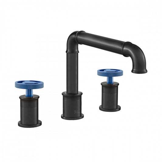 Avallon 8 in. Widespread, Blue 2-Handle Wheel, Bathroom Faucet in Matte Black