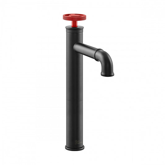 Avallon Single Hole, Red Single-Handle Wheel, High Arc Bathroom Faucet, Matte Black