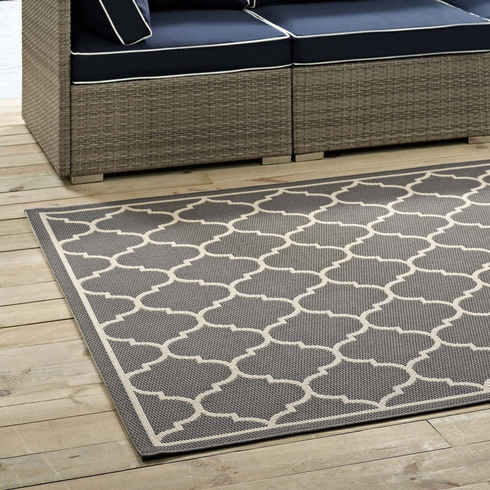 Avena Moroccan Quatrefoil Trellis 5x8 Indoor and Outdoor Area Rug, Gray and Beige
