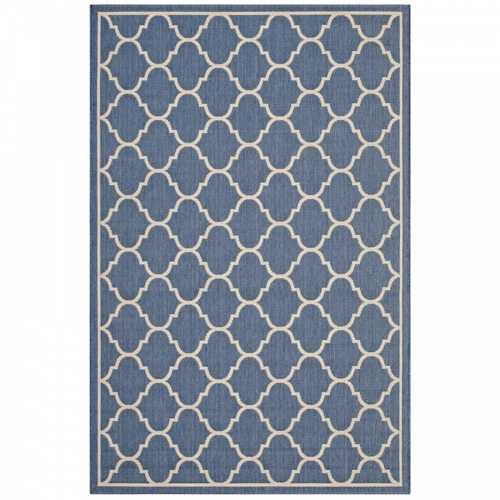 Avena Moroccan Quatrefoil Trellis 5x8 Indoor and Outdoor Area Rug, Blue and Beige