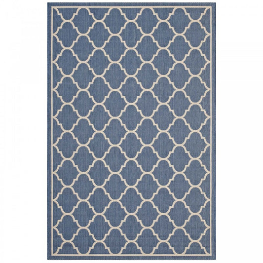 Avena Moroccan Quatrefoil Trellis 5x8 Indoor and Outdoor Area Rug, Blue and Beige