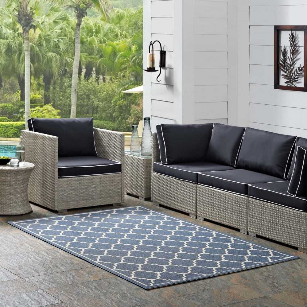 Avena Moroccan Quatrefoil Trellis 5x8 Indoor and Outdoor Area Rug, Blue and Beige