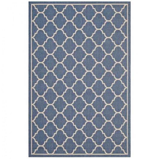 Avena Moroccan Quatrefoil Trellis 8x10 Indoor and Outdoor Area Rug, Blue and Beige
