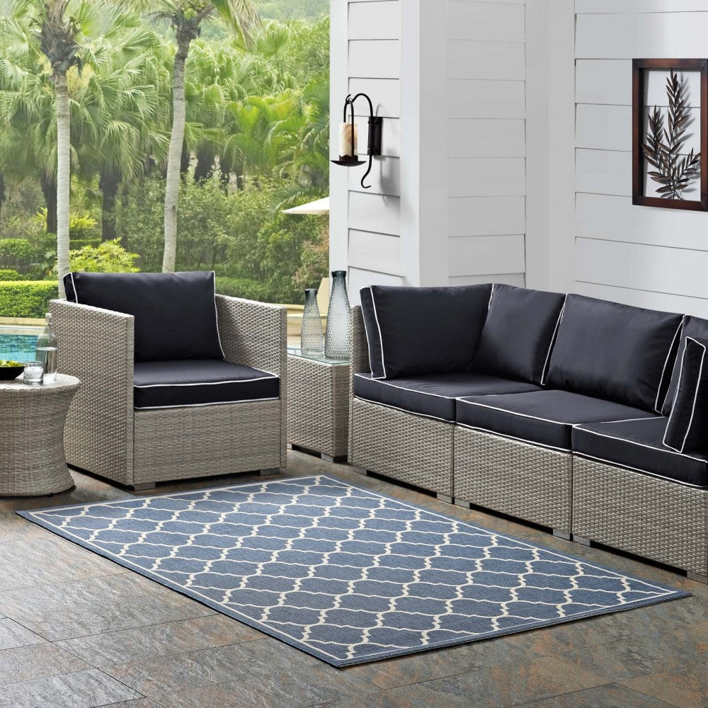 Avena Moroccan Quatrefoil Trellis 8x10 Indoor and Outdoor Area Rug, Blue and Beige
