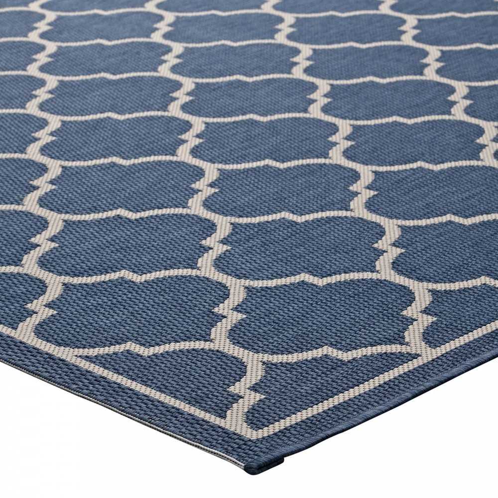 Avena Moroccan Quatrefoil Trellis 8x10 Indoor and Outdoor Area Rug, Blue and Beige