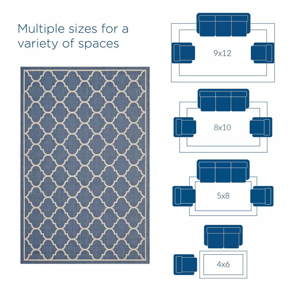 Avena Moroccan Quatrefoil Trellis 9x12 Indoor and Outdoor Area Rug, Blue and Beige