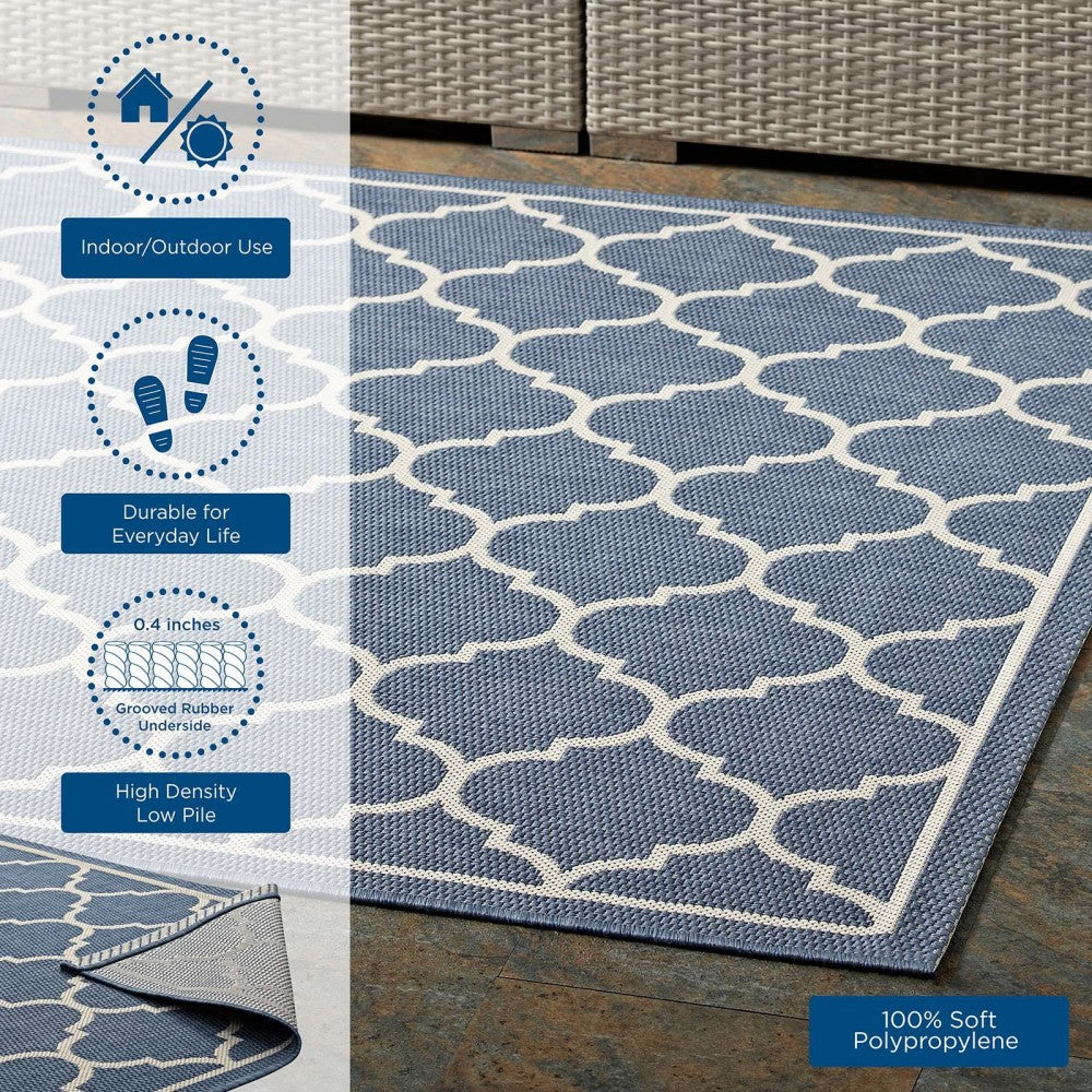 Avena Moroccan Quatrefoil Trellis 9x12 Indoor and Outdoor Area Rug, Blue and Beige