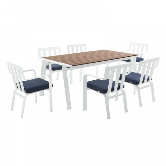 Baxley 7 Piece Outdoor Patio Aluminum Dining Set, White Navy