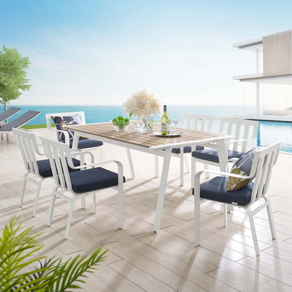 Baxley 7 Piece Outdoor Patio Aluminum Dining Set, White Navy