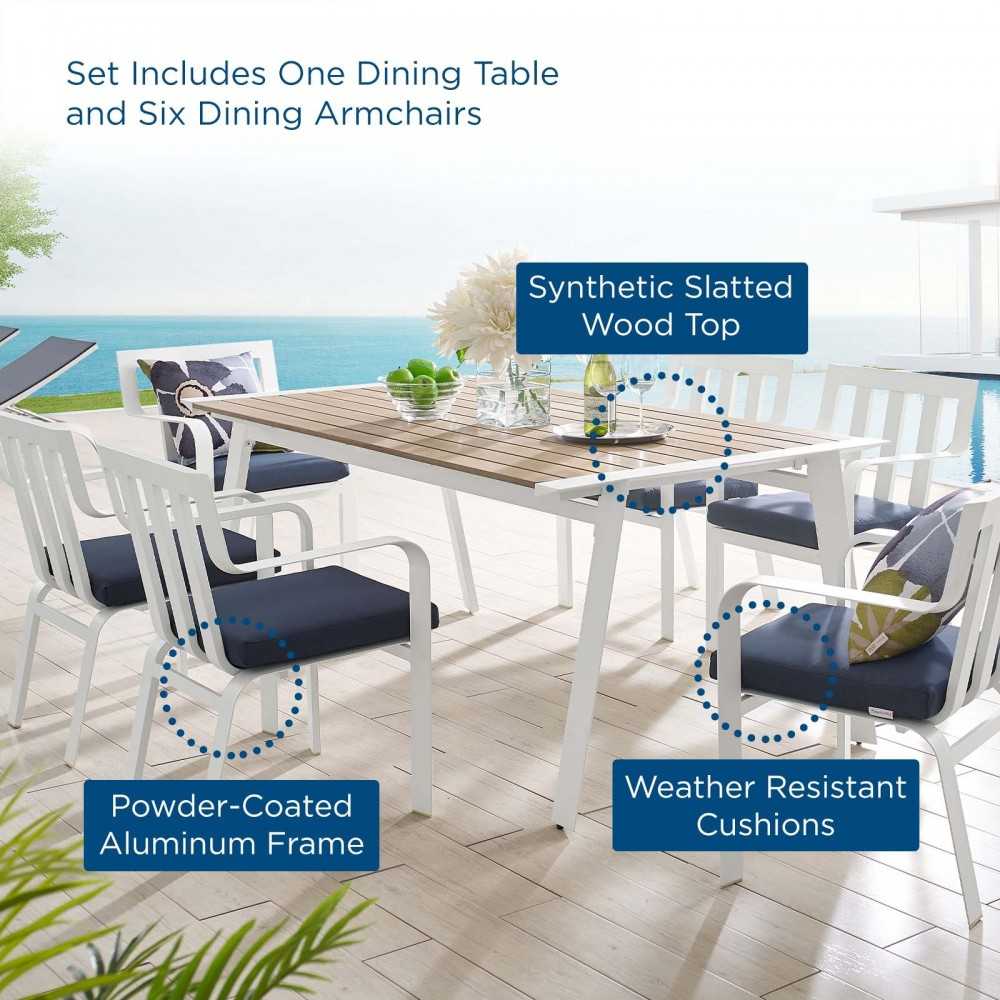 Baxley 7 Piece Outdoor Patio Aluminum Dining Set, White Navy