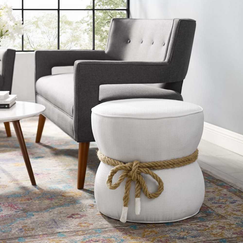 Beat Nautical Rope Upholstered Fabric Ottoman, White