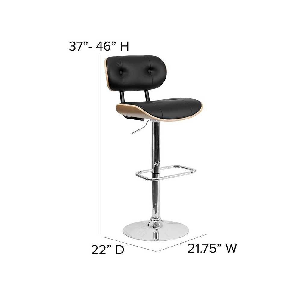 Beech Bentwood Adjustable Height Barstool with Button Tufted Black Vinyl Seat