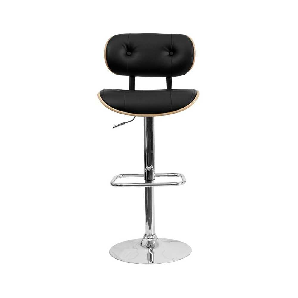 Beech Bentwood Adjustable Height Barstool with Button Tufted Black Vinyl Seat