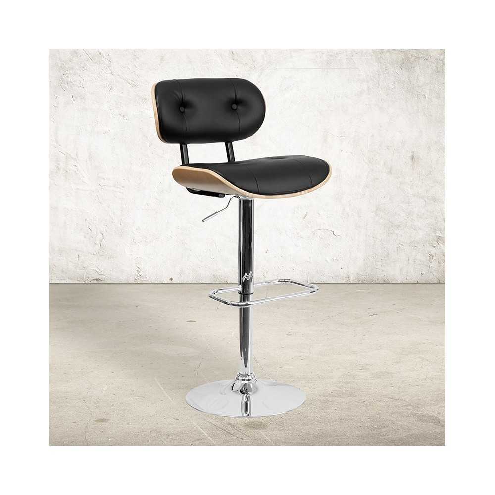 Beech Bentwood Adjustable Height Barstool with Button Tufted Black Vinyl Seat