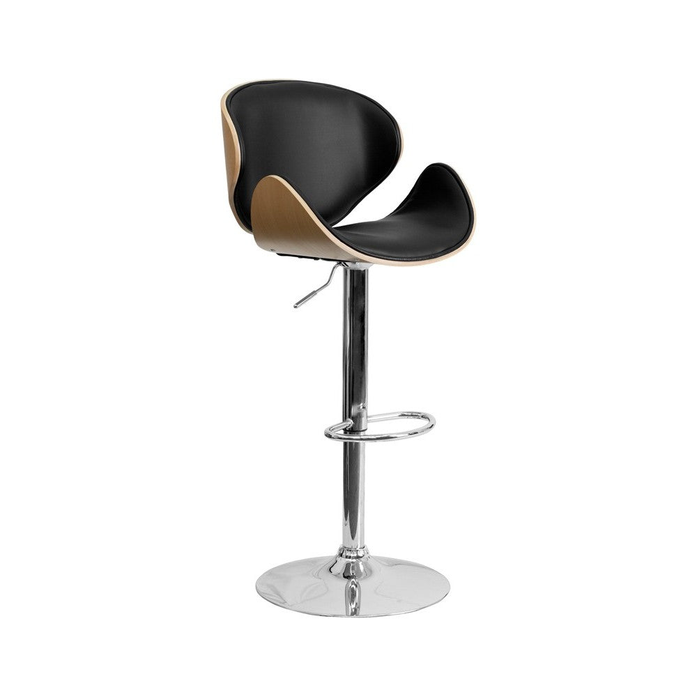 Beech Bentwood Adjustable Height Barstool with Curved Back and Black Vinyl Seat
