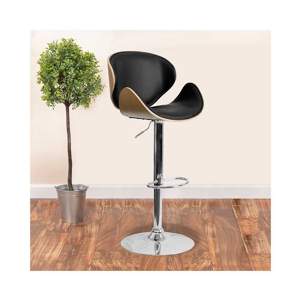 Beech Bentwood Adjustable Height Barstool with Curved Back and Black Vinyl Seat