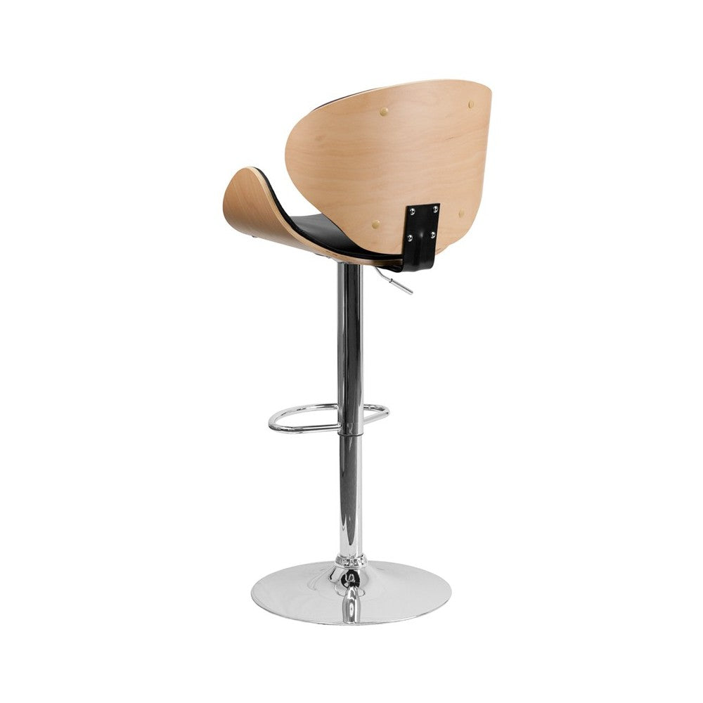 Beech Bentwood Adjustable Height Barstool with Curved Back and Black Vinyl Seat